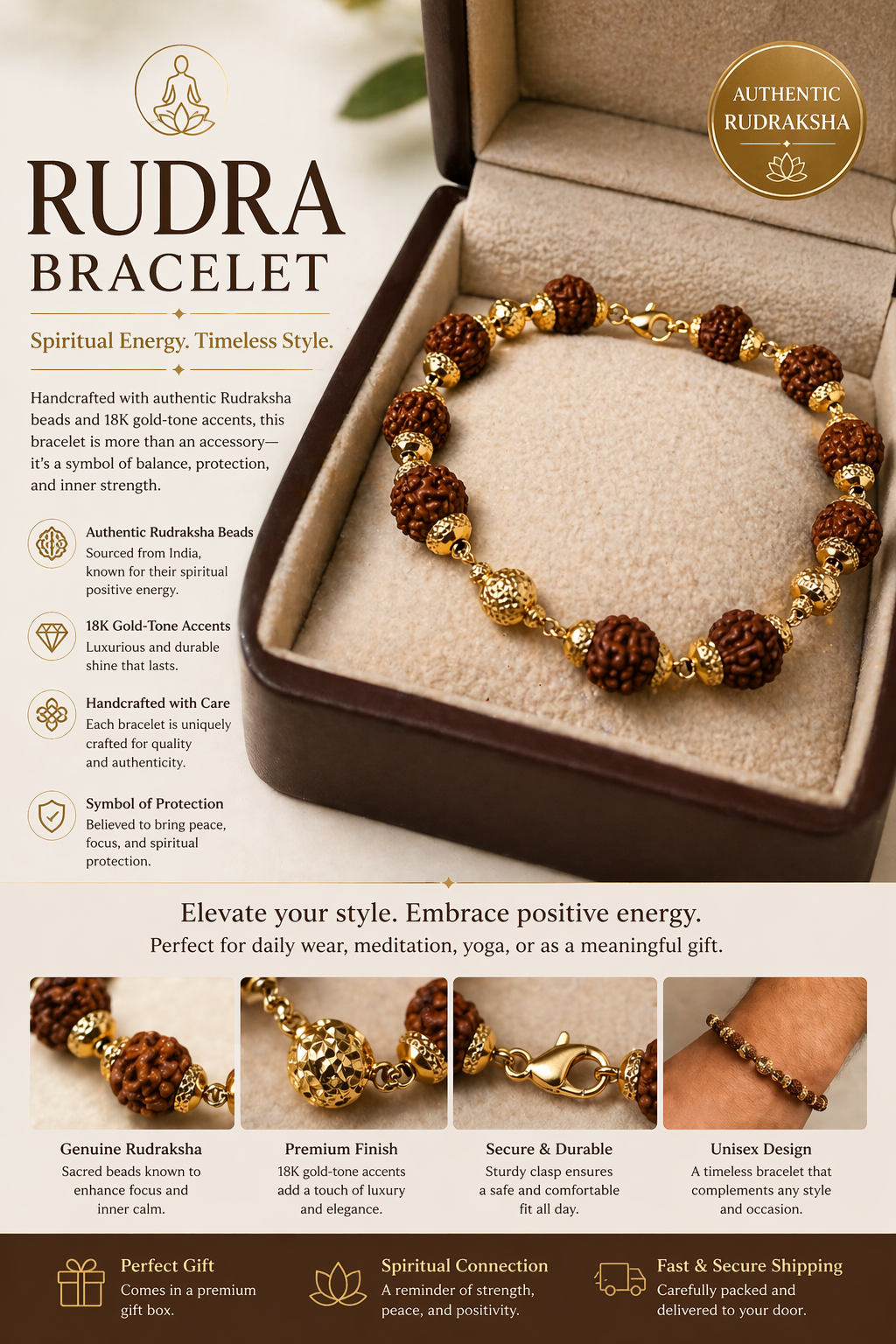 Rudraksha Bracelet – 10K Gold, 7.5"