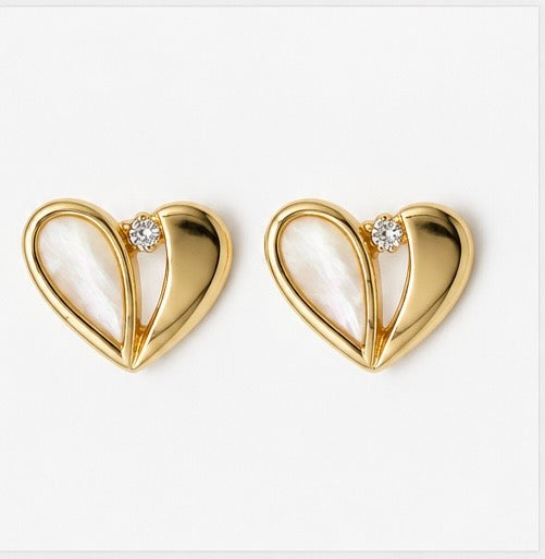 14K Yellow Gold Mother of Pearl & CZ Heart Stud Earrings