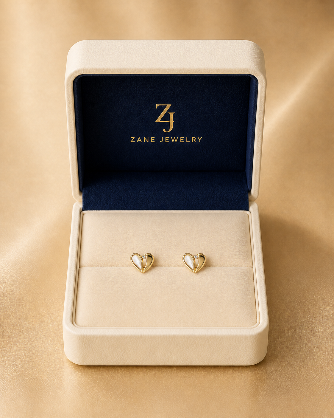 14K Yellow Gold Mother of Pearl & CZ Heart Stud Earrings