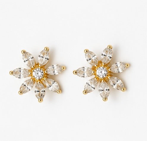 10K Yellow Gold CZ Flower Stud Earrings