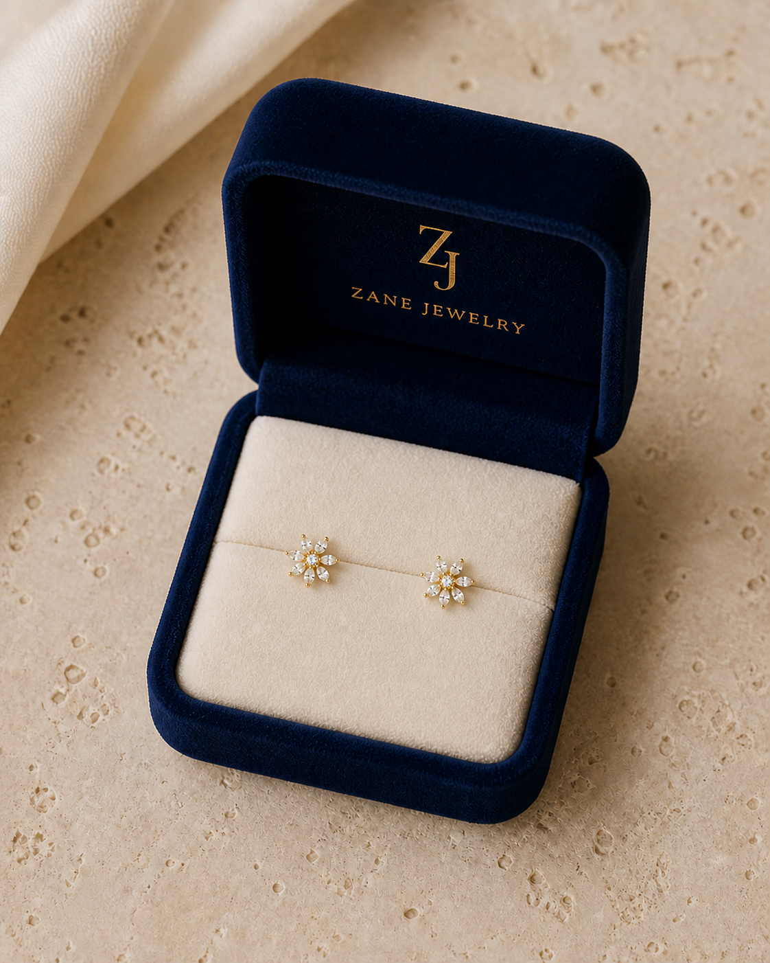 10K Yellow Gold CZ Flower Stud Earrings