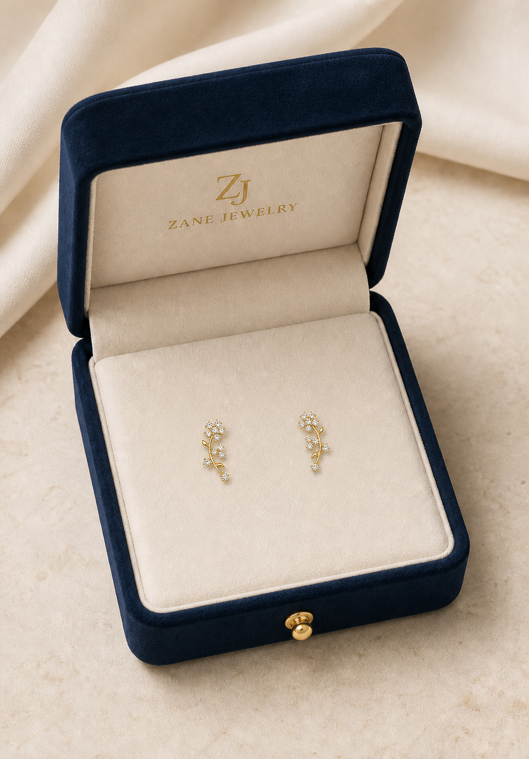 14K Yellow Gold CZ Floral Climber Earrings