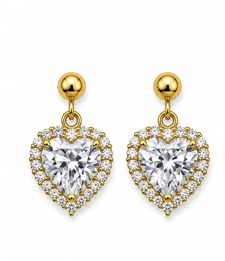 10K Yellow Gold CZ Heart Halo Drop Earrings