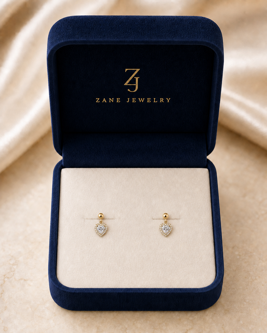 10K Yellow Gold CZ Heart Halo Drop Earrings